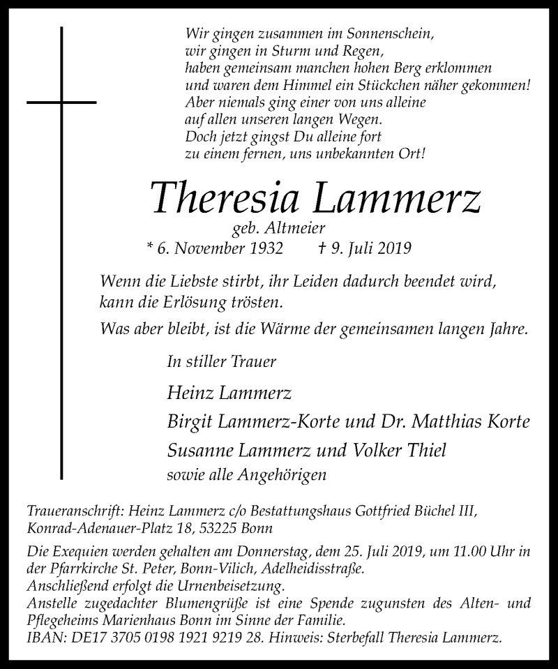  Traueranzeige für Theresia Lammerz vom 20.07.2019 aus General-Anzeiger Bonn