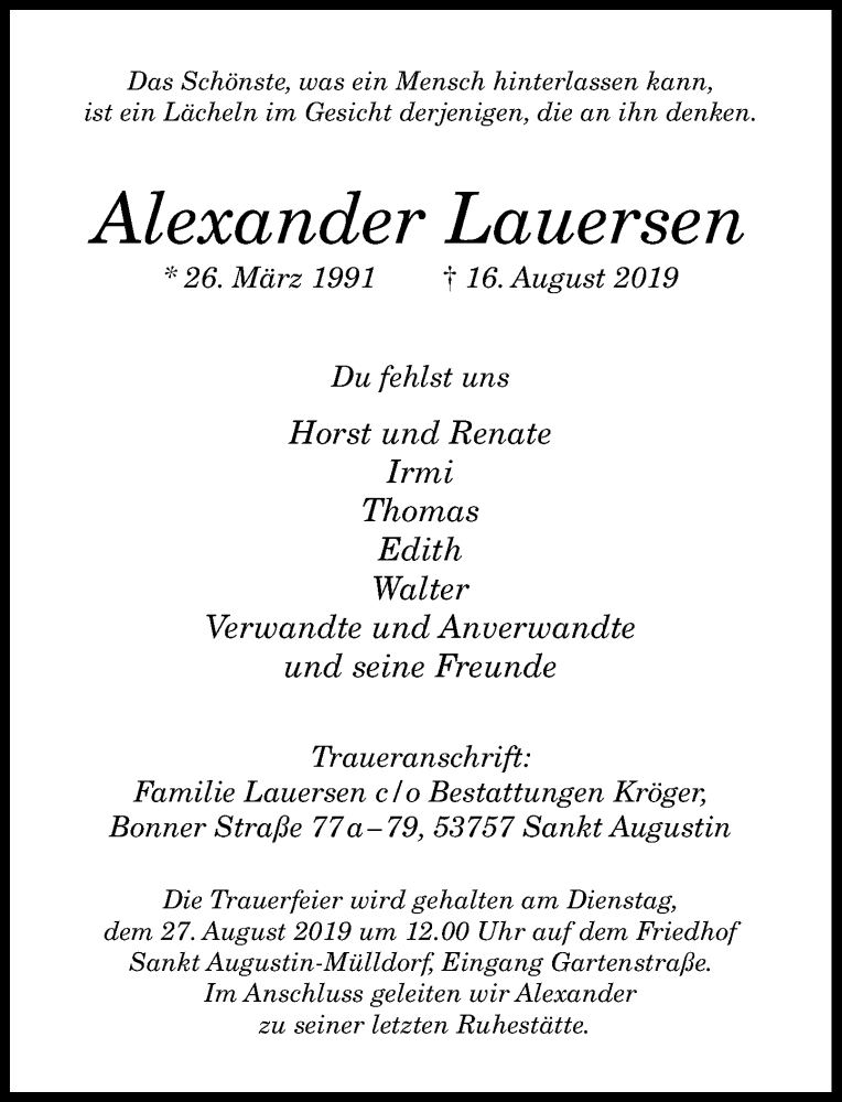  Traueranzeige für Alexander Lauersen vom 24.08.2019 aus General-Anzeiger Bonn