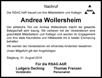 Anzeige von Andrea Wollersheim von General-Anzeiger Bonn