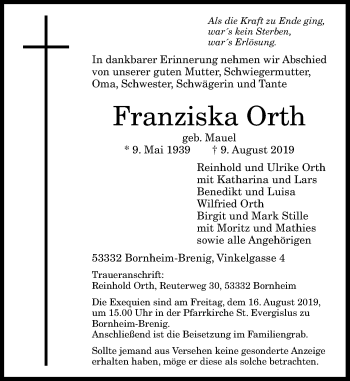 Anzeige von Franziska Orth von General-Anzeiger Bonn