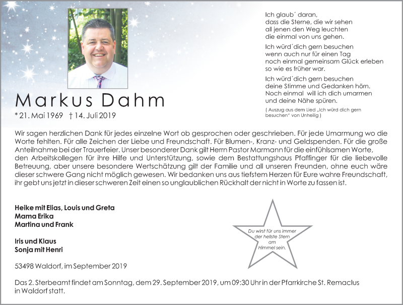  Traueranzeige für Markus Dahm vom 17.08.2019 aus General-Anzeiger Bonn
