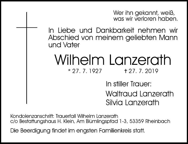  Traueranzeige für Wilhelm Lanzerath vom 02.08.2019 aus General-Anzeiger Bonn