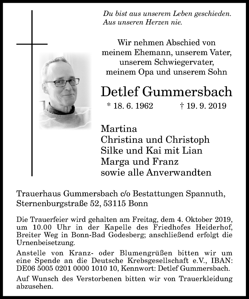  Traueranzeige für Detlef Gummersbach vom 28.09.2019 aus General-Anzeiger Bonn