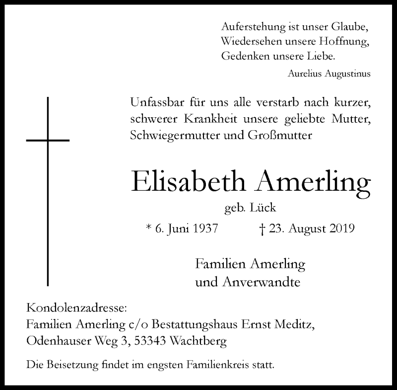  Traueranzeige für Elisabeth Amerling vom 07.09.2019 aus General-Anzeiger Bonn