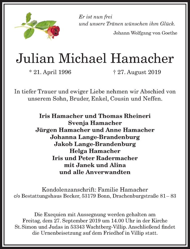  Traueranzeige für Julian Michael Hamacher vom 14.09.2019 aus General-Anzeiger Bonn