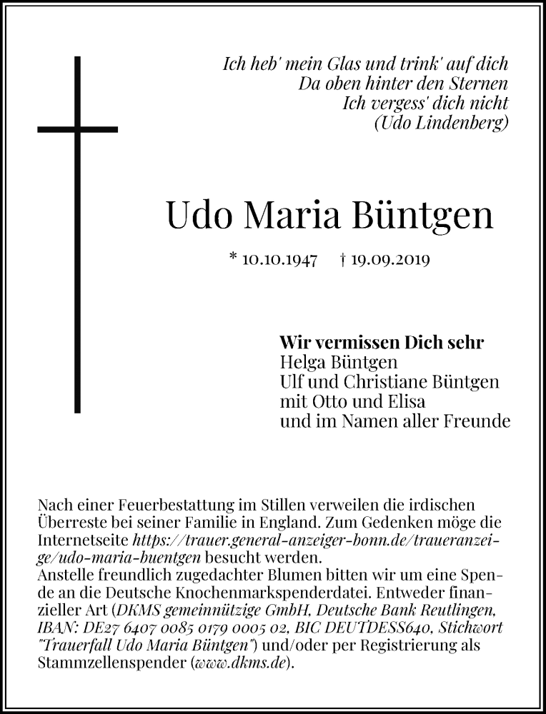 Traueranzeige für Udo Maria Büntgen vom 28.09.2019 aus General-Anzeiger Bonn