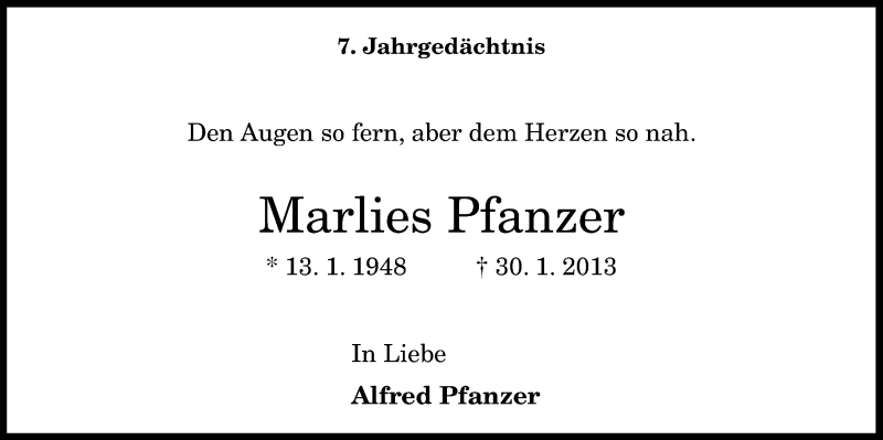  Traueranzeige für Marlies Pfanzer vom 25.01.2020 aus General-Anzeiger Bonn