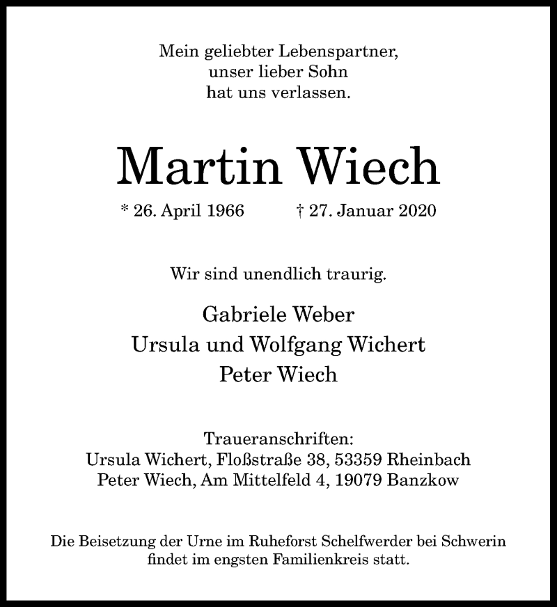  Traueranzeige für Martin Wiech vom 01.02.2020 aus General-Anzeiger Bonn