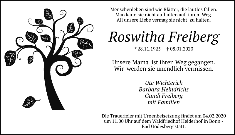  Traueranzeige für Roswitha Freiberg vom 29.01.2020 aus General-Anzeiger Bonn