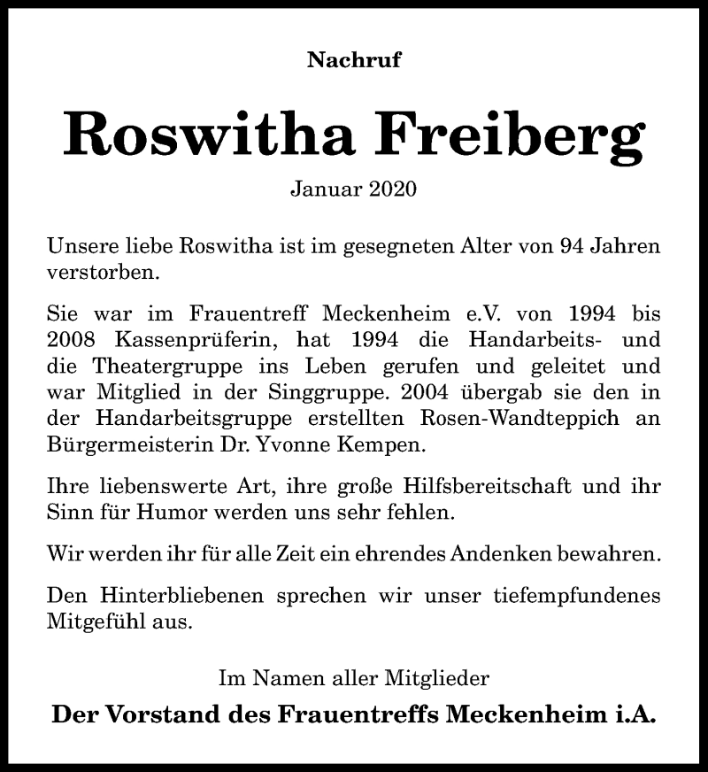  Traueranzeige für Roswitha Freiberg vom 29.01.2020 aus General-Anzeiger Bonn
