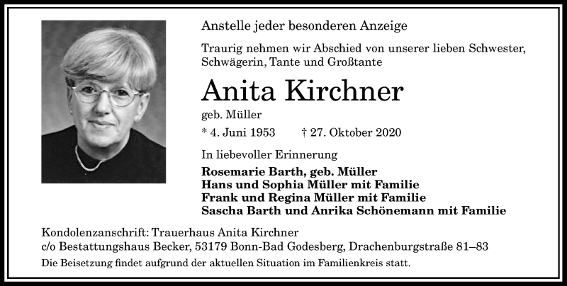  Traueranzeige für Anita Kirchner vom 31.10.2020 aus General-Anzeiger Bonn