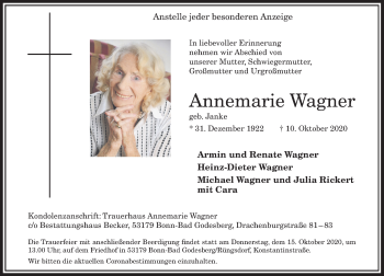Anzeige von Annemarie Wagner von General-Anzeiger Bonn