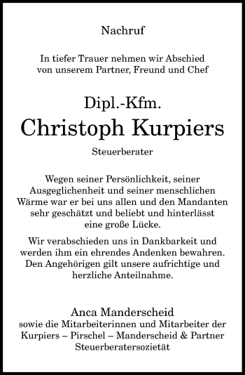 Anzeige von Christoph Kurpiers von General-Anzeiger Bonn