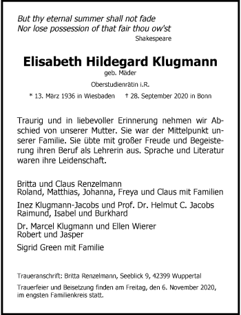 Anzeige von Elisabeth Hildegard Klugmann von General-Anzeiger Bonn