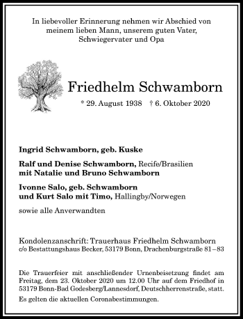 Anzeige von Friedhelm Schwamborn von General-Anzeiger Bonn