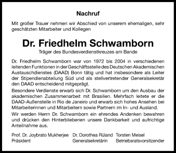 Anzeige von Friedhelm Schwamborn von General-Anzeiger Bonn