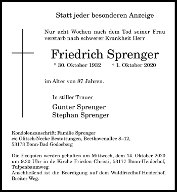 Anzeige von Friedrich Sprenger von General-Anzeiger Bonn