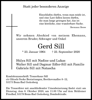 Anzeige von Gerd Sill von General-Anzeiger Bonn