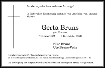 Anzeige von Gerta Bruns von General-Anzeiger Bonn