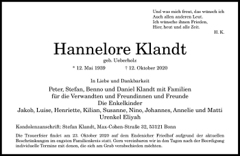 Anzeige von Hannelore Klandt von General-Anzeiger Bonn