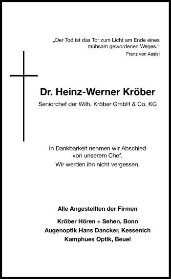 Anzeige von Heinz-Werner Kröber von General-Anzeiger Bonn