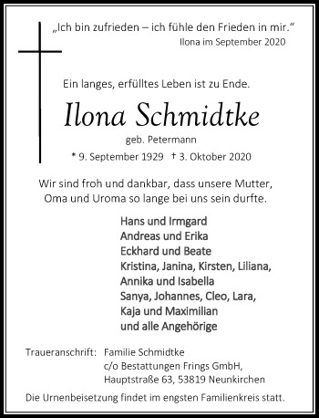 Anzeige von Ilona Schmidtke von General-Anzeiger Bonn