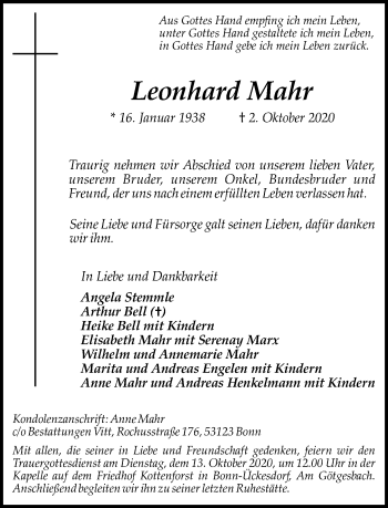 Anzeige von Leonhard Mahr von General-Anzeiger Bonn