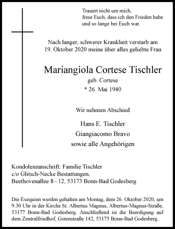 Anzeige von Mariangiola Cortese Tischler von General-Anzeiger Bonn