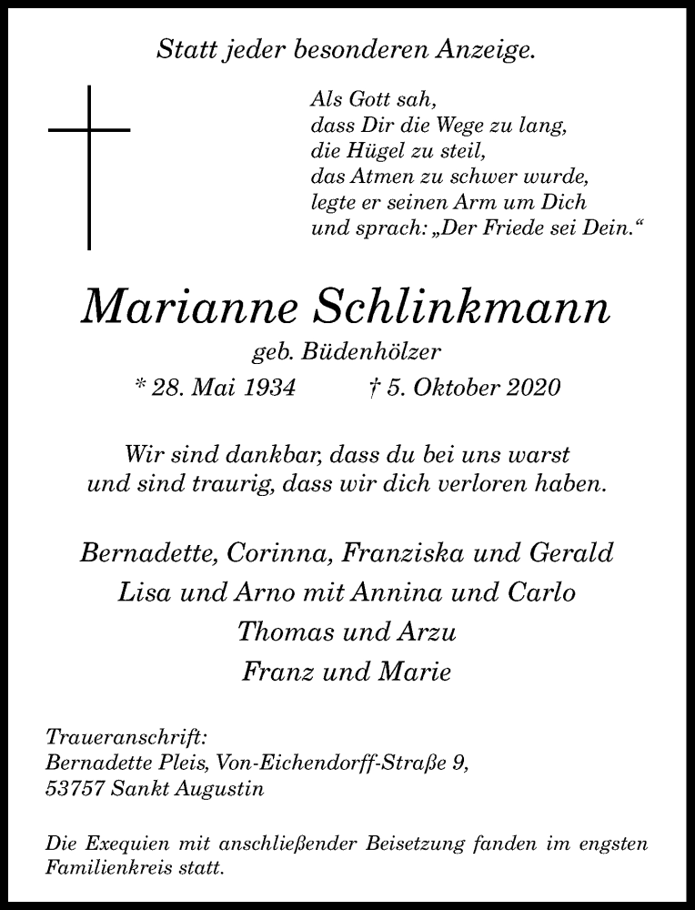  Traueranzeige für Marianne Schlinkmann vom 10.10.2020 aus General-Anzeiger Bonn