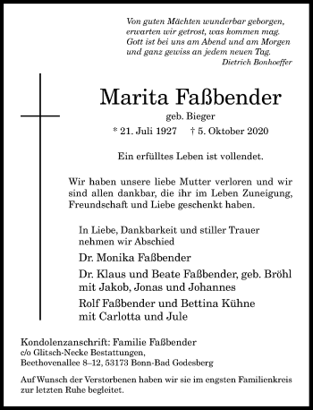 Anzeige von Marita Faßbender von General-Anzeiger Bonn