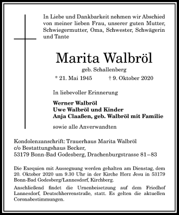 Anzeige von Marita Walbröl von General-Anzeiger Bonn