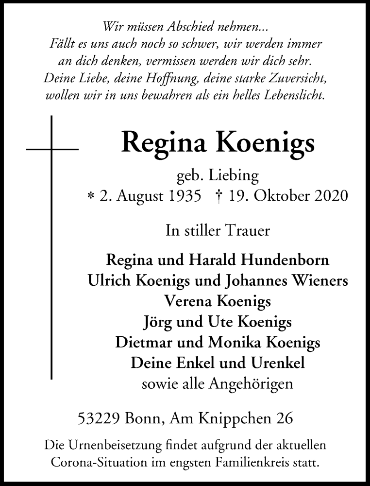  Traueranzeige für Regina Koenigs vom 31.10.2020 aus General-Anzeiger Bonn