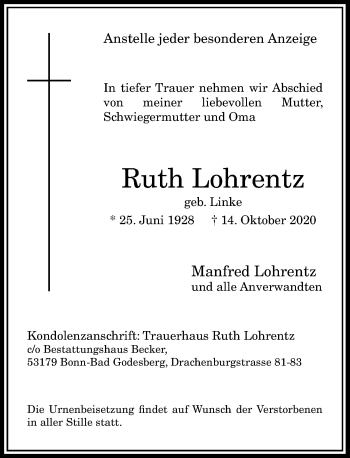 Anzeige von Ruth Lohrentz von General-Anzeiger Bonn