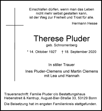 Anzeige von Therese Pluder von General-Anzeiger Bonn