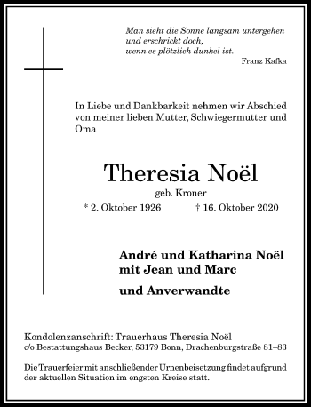 Anzeige von Theresia Noël von General-Anzeiger Bonn