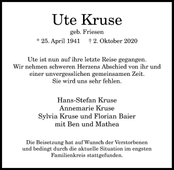 Anzeige von Ute Kruse von General-Anzeiger Bonn