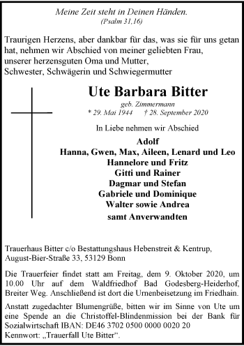 Anzeige von Ute Barbara Bitter von General-Anzeiger Bonn