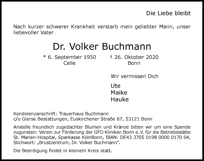  Traueranzeige für Volker Buchmann vom 31.10.2020 aus General-Anzeiger Bonn