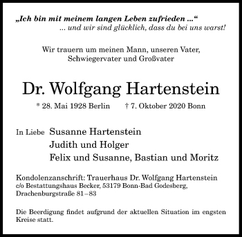 Anzeige von Wolfgang Hartenstein von General-Anzeiger Bonn