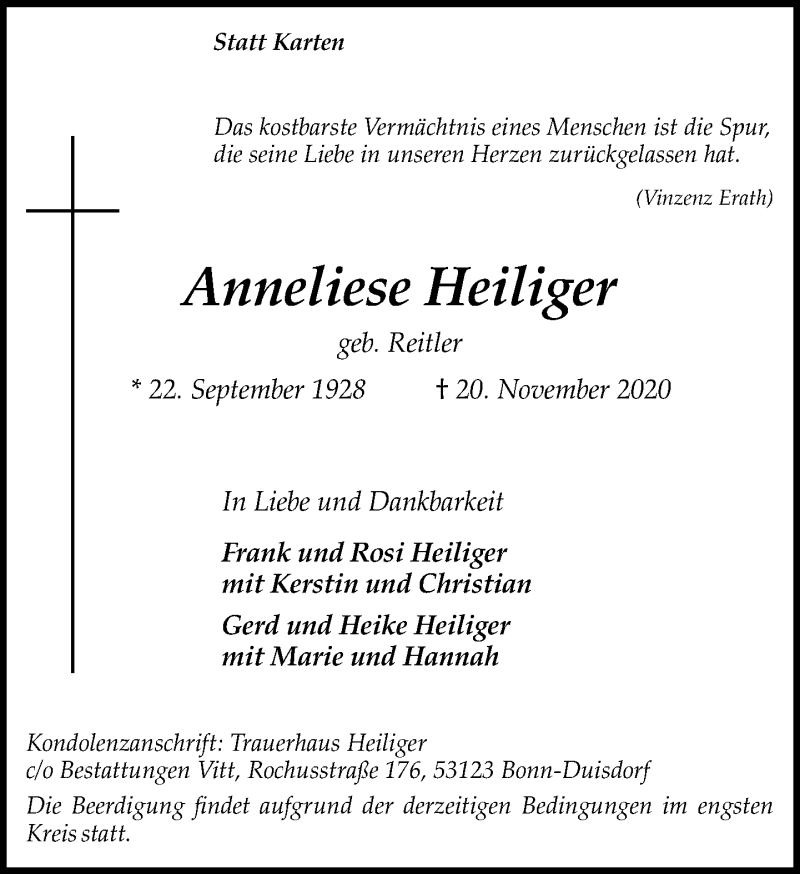  Traueranzeige für Anneliese Heiliger vom 28.11.2020 aus General-Anzeiger Bonn