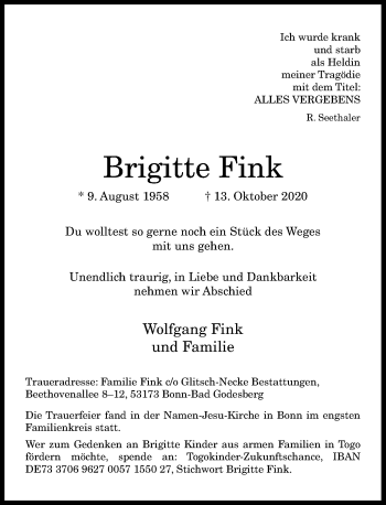 Anzeige von Brigitte Fink von General-Anzeiger Bonn