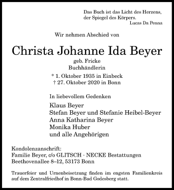Anzeige von Christa Johanne Ida Beyer von General-Anzeiger Bonn