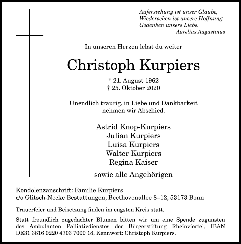  Traueranzeige für Christoph Kurpiers vom 31.10.2020 aus General-Anzeiger Bonn