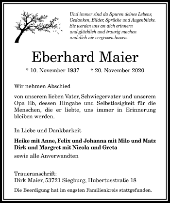 Anzeige von Eberhard Maier von General-Anzeiger Bonn