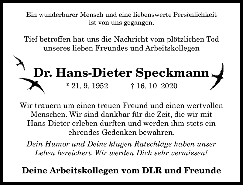  Traueranzeige für Hans-Dieter Speckmann vom 21.11.2020 aus General-Anzeiger Bonn