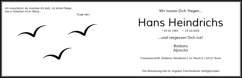  Traueranzeige für Hans Heindrichs vom 31.10.2020 aus General-Anzeiger Bonn