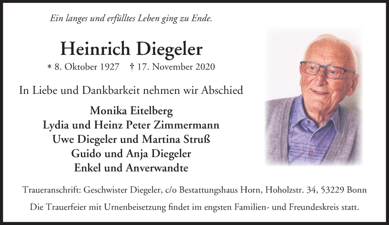  Traueranzeige für Heinrich Diegeler vom 21.11.2020 aus General-Anzeiger Bonn