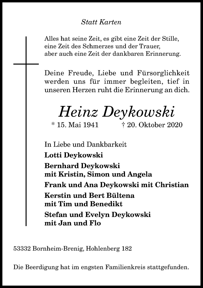  Traueranzeige für Heinz Deykowski vom 31.10.2020 aus General-Anzeiger Bonn