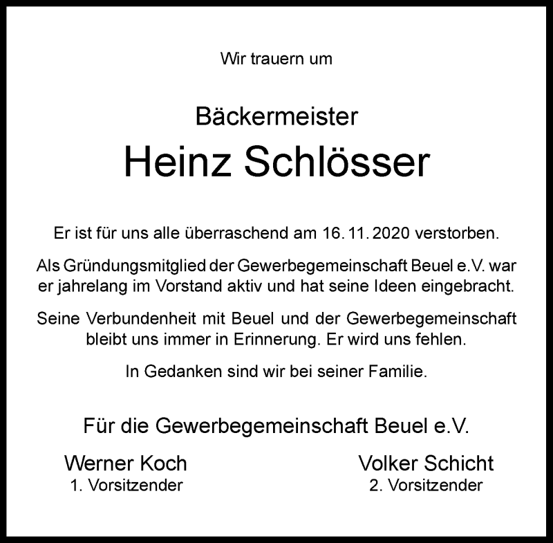  Traueranzeige für Heinz Schlösser vom 21.11.2020 aus General-Anzeiger Bonn