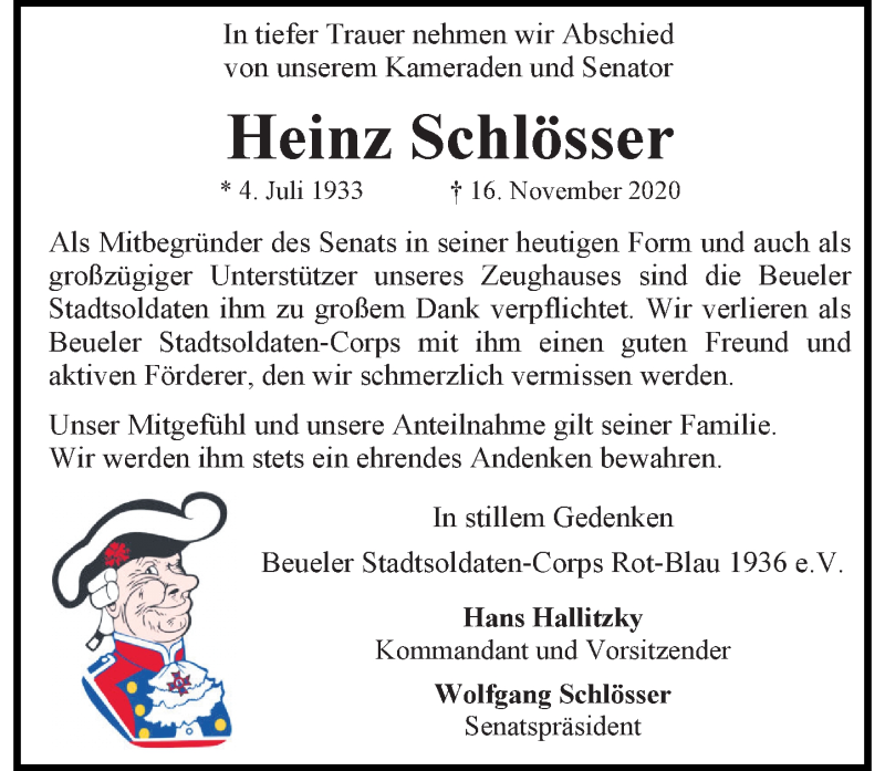  Traueranzeige für Heinz Schlösser vom 25.11.2020 aus General-Anzeiger Bonn